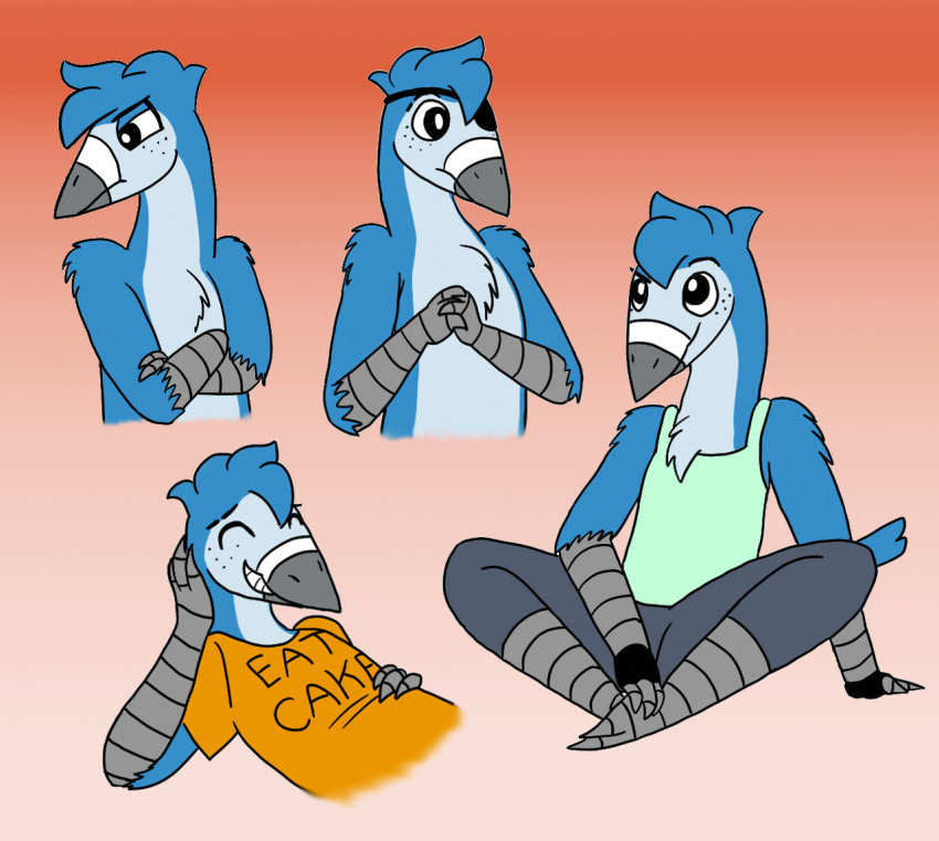 anthro avian beauty_mark bird blue_jay claws clothed clothing corvid crocodilianbooty crossed_arms crossed_legs eye_patch eyewear feathers fingerless_gloves freckles gloves male ninjago scar simple_background sitting