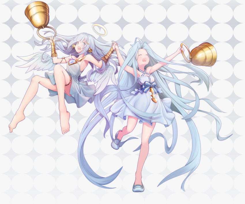 :d absurdly_long_hair ahoge bare_shoulders barefoot bell bell_earrings bellringer_angel blue_eyes blue_footwear blue_hair bracer closed_eyes cosplay costume_switch dress earrings granblue_fantasy hair_ornament hairclip halo highres jewelry kai16342215 long_hair lyria_(granblue_fantasy) midair multiple_girls open_mouth shadowverse smile standing standing_on_one_leg thighlet trait_connection very_long_hair white_dress wings