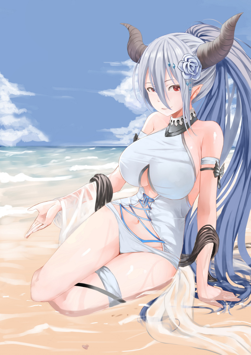 arm_support beach blue_flower blue_hair breasts day flower granblue_fantasy hair_between_eyes hair_flower hair_ornament highres horns izmir large_breasts long_hair looking_at_viewer navel nonh_(wormoftank) ocean outdoors pointy_ears ponytail red_eyes seashell shell sitting sky smile solo swimsuit very_long_hair water yokozuwari