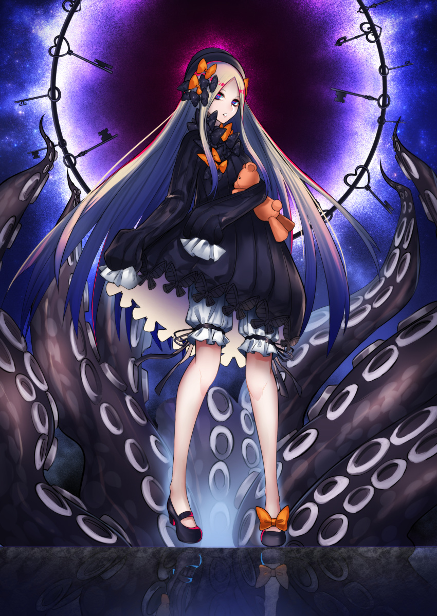 abigail_williams_(fate/grand_order) absurdres asymmetrical_legwear bangs black_bow black_dress black_footwear black_hat black_legwear blonde_hair bloomers blue_eyes bow bug butterfly commentary_request different_reflection dress fate/grand_order fate_(series) hair_bow hat heart highres ichinose_rom insect key long_hair long_sleeves looking_at_viewer mary_janes object_hug orange_bow parted_bangs parted_lips polka_dot polka_dot_bow reflection shoes single_thighhigh sleeves_past_fingers sleeves_past_wrists solo stuffed_animal stuffed_toy suction_cups teddy_bear tentacles thighhighs underwear very_long_hair white_bloomers
