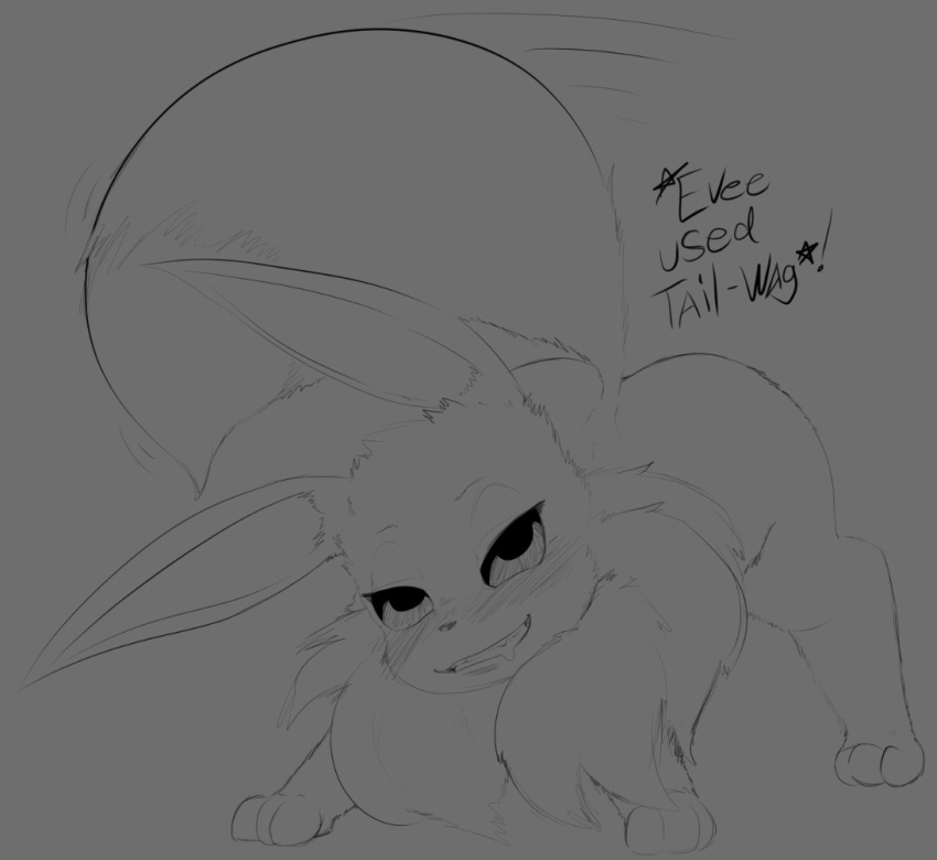 crocface eevee female feral grey_background grin half-closed_eyes looking_at_viewer monochrome neck_tuft nintendo pok&eacute;mon pok&eacute;mon_(species) seductive simple_background sketch smile solo tailwag tuft video_games