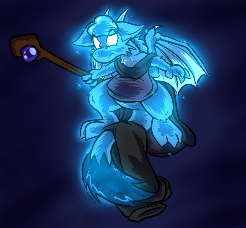 2016 absurd_res anthro blue_background blue_body bottomless cape claws clothed clothing digital_drawing_(artwork) digital_media_(artwork) dragon featureless_crotch feral fluffy hi_res holding_object ice magic misfire sierra simple_background solo sparkle spell staff summon tail_tuft toony transformation tuft virmir wings
