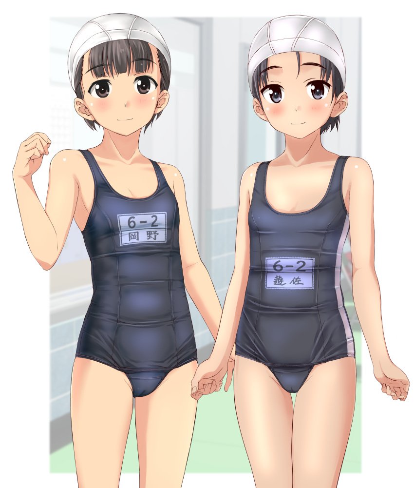 absurdres black_eyes black_hair black_swimsuit cameltoe cleft_of_venus cowboy_shot highres light_smile looking_at_viewer multiple_girls name_tag old_school_swimsuit one-piece_swimsuit original school_swimsuit short_hair standing swim_cap swimsuit takafumi thigh_gap