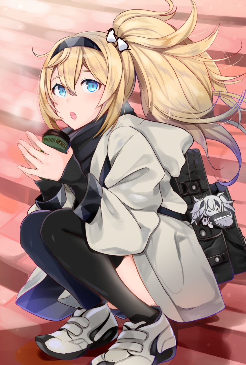 backpack bag blonde_hair blue_eyes cafe coat coffee_cup commentary_request cup disposable_cup escort_water_hime eyebrows_visible_through_hair gambier_bay_(kantai_collection) hair_between_eyes hair_ornament hairband hands_together highres kantai_collection looking_at_viewer open_mouth penguin_hair_ornament ponytail scarf shoes sitting sneakers solo stairs thighhighs winter yunamaro zettai_ryouiki