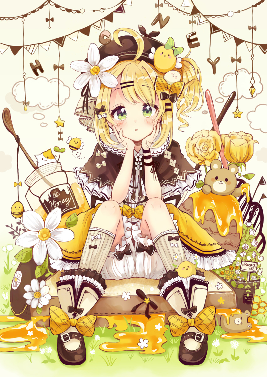 :o ahoge animal animal_on_head bee bird bird_on_head blonde_hair bloomers blush boots bow bug capelet chin_rest flower frilled_capelet frills green_eyes hair_bow hair_flower hair_ornament hairpin hat highres honey insect jar kneehighs looking_at_viewer mary_janes on_head original plant potted_plant sakura_oriko shoes side_ponytail sitting solo string_of_flags underwear wristband yellow_bow