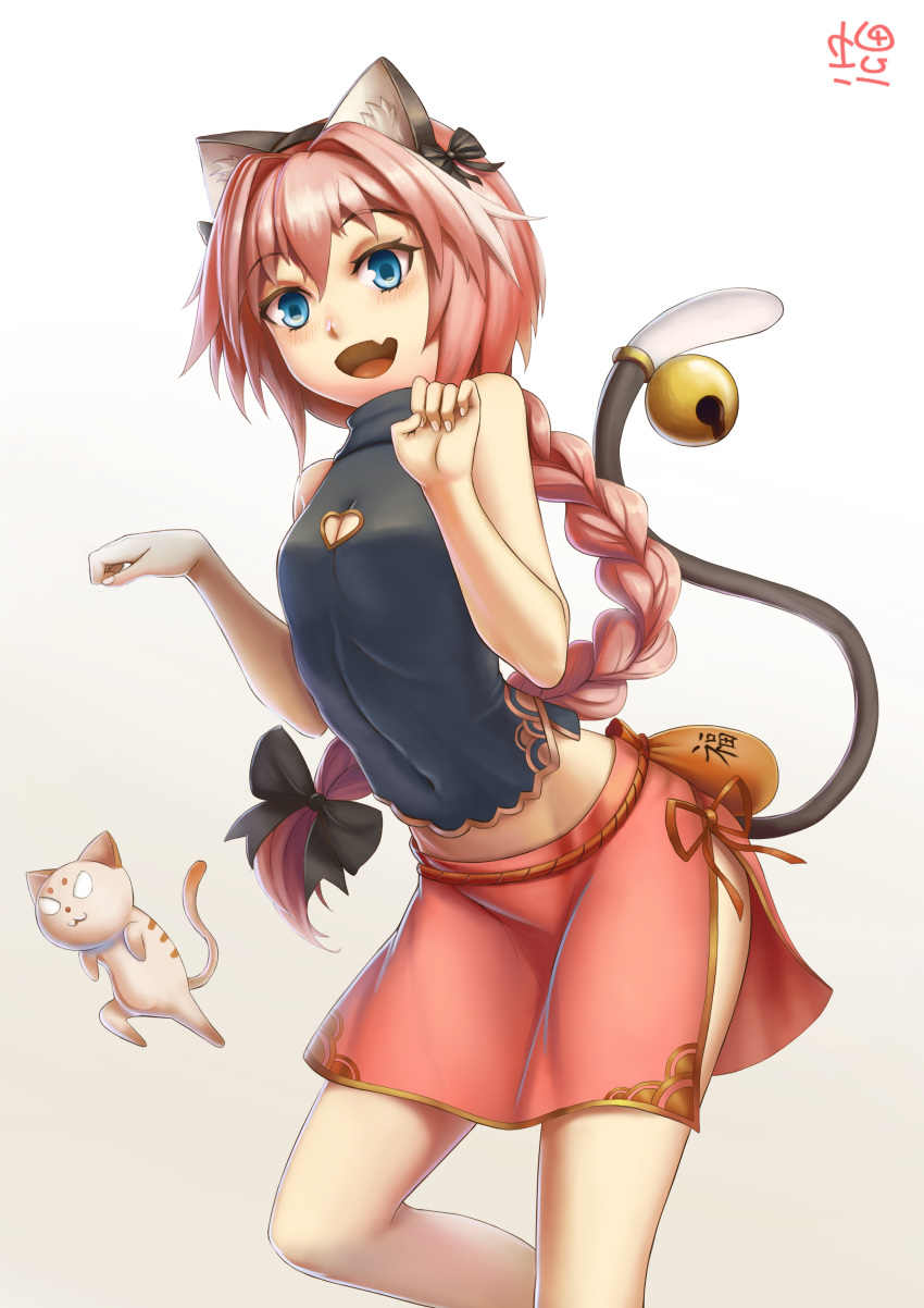 :d absurdres alternate_eye_color animal_ears arched_back astolfo_(fate) bangs bell black_bow black_hairband black_shirt blue_eyes blush bow braid cat cat_ears cat_tail catboy chinese_commentary cleavage_cutout commentary_request covered_navel eyebrows_visible_through_hair eyelashes fake_animal_ears fang fate/apocrypha fate_(series) feet_out_of_frame fingernails gold_trim gy_(l964625780) hair_between_eyes hair_bow hair_intakes hairband hands_up heart_cutout highres jingle_bell leaning_forward long_hair looking_at_viewer male_focus multicolored_hair open_mouth otoko_no_ko paw_pose pink_hair pink_skirt raised_eyebrows shirt side-tie_skirt side_slit simple_background single_braid skirt sleeveless sleeveless_shirt smile solo standing standing_on_one_leg streaked_hair tail tail_bell tail_raised translation_request turtleneck two-tone_hair very_long_hair white_background white_hair