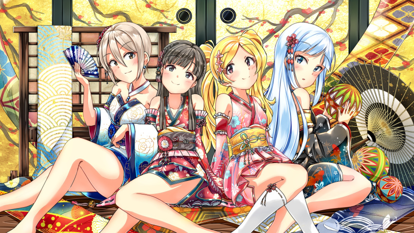 ball black_eyes black_hair blonde_hair blue_eyes blue_hair blush braid breasts crossover detached_sleeves emily_stewart fan floral_print flower folding_fan furisode hagoromo_komachi_(idolmaster) hair_flower hair_ornament highres idolmaster idolmaster_cinderella_girls idolmaster_cinderella_girls_starlight_stage idolmaster_million_live! idolmaster_million_live!_theater_days japanese_clothes kimono kobayakawa_sae long_hair long_sleeves looking_at_viewer medium_breasts multiple_girls obi oriental_umbrella purple_eyes sash shiitake_taishi shiomi_shuuko shiraishi_tsumugi short_hair sliding_doors smile temari_ball twintails umbrella white_legwear wide_sleeves