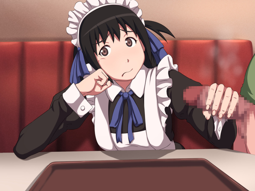 1girl arashiyama_hotori bangs black_hair bottomless breasts brown_eyes censored chin_rest closed_mouth hair_ribbon handjob highres indoors looking_at_viewer maid maid_headdress maku_(l-u) mosaic_censoring penis ribbon short_hair side_ponytail sitting solo_focus soredemo_machi_wa_mawatteiru standing table