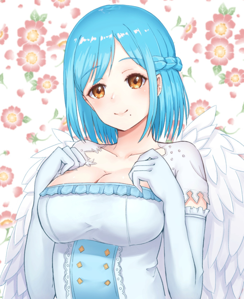 bangs blue_hair braid breasts brown_eyes cleavage closed_mouth collarbone commentary_request dress elbow_gloves eyebrows_visible_through_hair feathered_wings flower gloves head_tilt highres large_breasts moira_(nijisanji) mole mole_under_mouth nijisanji pink_flower short_sleeves smile solo suzuki_puramo virtual_youtuber white_background white_dress white_gloves white_wings wings