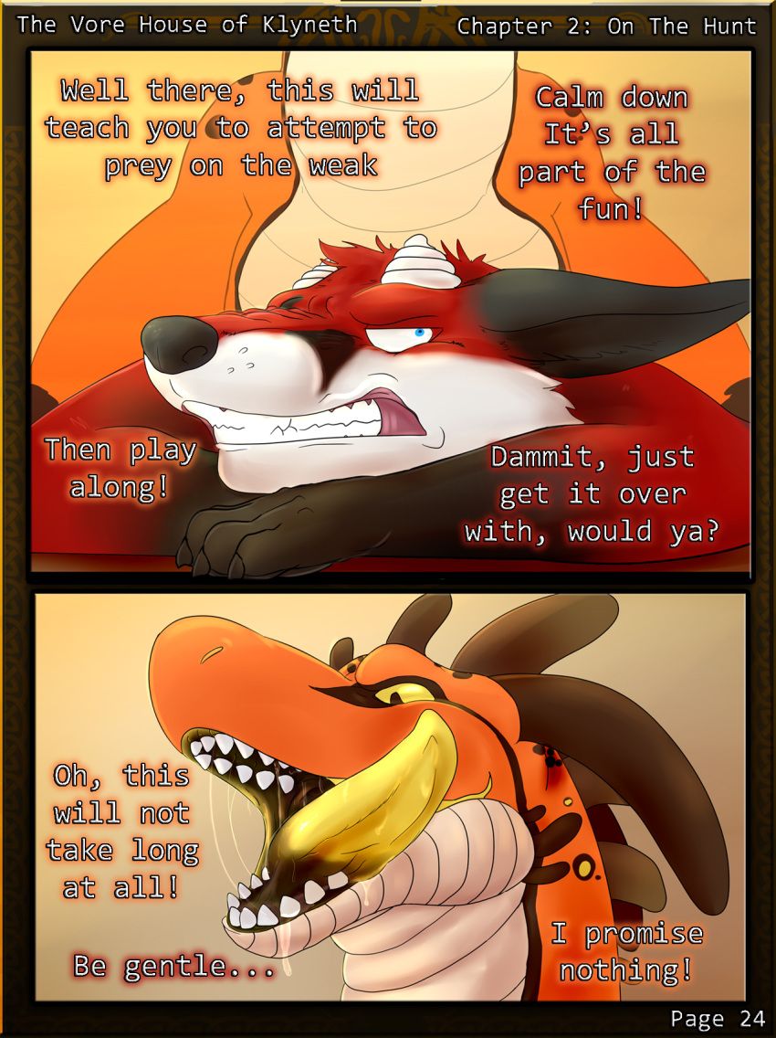 audition canine claws comic dragon fangs fox fur horn imminent_vore krevaan_(cometfox) male mammal nolow runa216 scalie spike_(shade1) text the_vore_house_of_klyneth tongue tongue_out vore