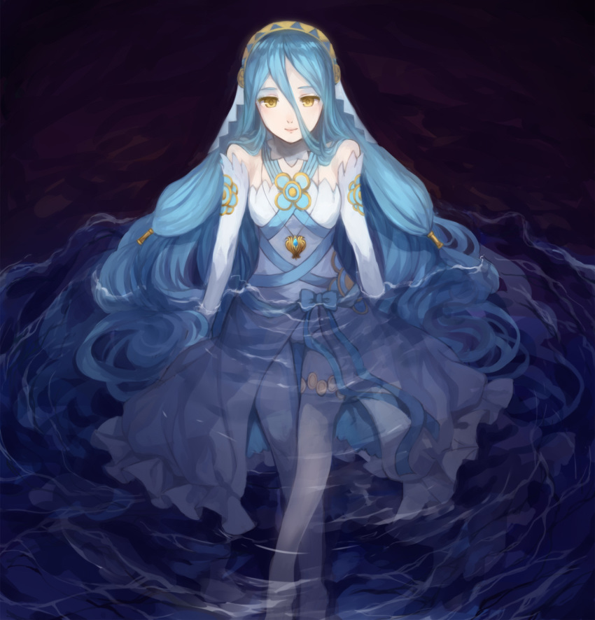 anklet aqua_(fire_emblem_if) blue_bow blue_hair bow closed_mouth commentary_request dress eyelashes fingerless_gloves fire_emblem fire_emblem_if gloves hair_between_eyes hair_tubes headdress highres jewelry jurge lips long_hair necklace partially_submerged pendant solo water yellow_eyes