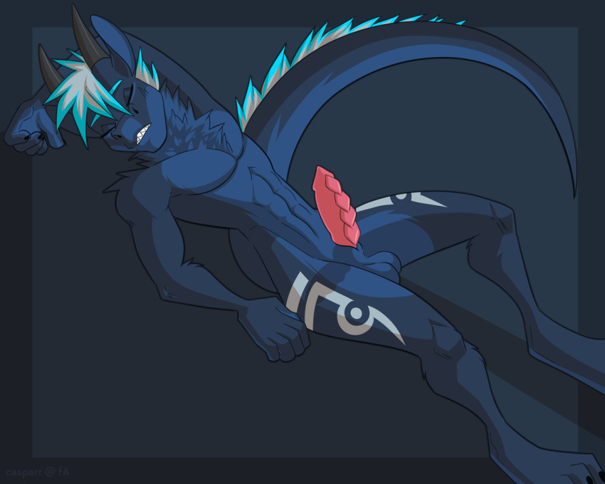 2018 5_fingers abs anthro athletic balls barefoot biped black_claws black_horn blue_balls blue_fur blue_hair blue_tail casparr claws cool_colors digital_media_(artwork) dragon erection eyebrows eyes_closed fur furred_dragon grey_hair hair hand_behind_head horn long_tail lying male multicolored_hair nude on_back pecs penis pink_penis ridged_penis simple_background sleeping solo teeth toe_claws toes two_tone_hair