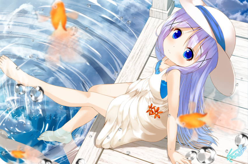 animal bangs bare_arms bare_legs bare_shoulders barefoot blue_eyes blurry blurry_foreground blush breasts chinomaron closed_mouth collarbone commentary_request day depth_of_field dress eyebrows_visible_through_hair fish gochuumon_wa_usagi_desu_ka? goldfish hair_between_eyes hair_ornament hat head_tilt highres kafuu_chino long_hair looking_at_viewer looking_to_the_side outdoors pier purple_hair reflection sidelocks signature sitting sleeveless sleeveless_dress small_breasts smile soaking_feet solo sun_hat very_long_hair water water_drop white_dress white_hat x_hair_ornament