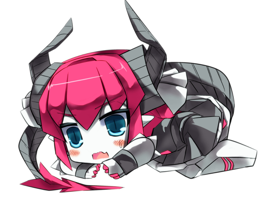 :o bangs blue_eyes blush chibi commentary_request crying crying_with_eyes_open dragon_horns elizabeth_bathory_(fate)_(all) fate/grand_order fate_(series) horns long_hair looking_at_viewer mecha mecha_eli-chan open_mouth pink_hair pointy_ears robot ruugaruu single_tear skirt solo tail tears