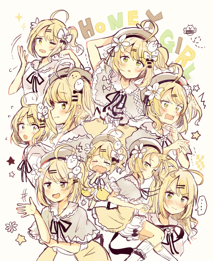 /\/\/\ 1girl :d :o ahoge bangs bee beret black_ribbon blonde_hair bloomers blush bow brown_capelet brown_hat bug capelet closed_eyes dotted_line eyebrows_visible_through_hair flower green_eyes hair_bow hair_flower hair_ornament hairclip hand_to_own_mouth hat highres insect long_hair multiple_views neck_ribbon nose_blush one_eye_closed open_mouth original ribbon sakura_oriko shirt short_sleeves side_ponytail sidelocks skirt smile sparkle spoken_ellipsis star surprised tears underwear wavy_mouth white_background white_bloomers white_bow white_flower white_shirt yawning yellow_skirt