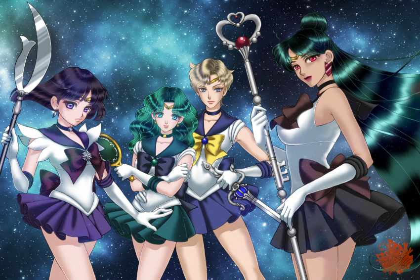 aqua_eyes bad_id bad_pixiv_id bangs bishoujo_senshi_sailor_moon black_bow black_hair black_sailor_collar black_skirt blonde_hair blue_bow blue_eyes blue_sailor_collar blue_skirt bow brooch brown_bow choker circlet closed_mouth collarbone cowboy_shot crossed_arms deep_aqua_mirror earrings elbow_gloves expressionless garnet_rod gloves green_hair green_sailor_collar green_skirt hair_bun hand_on_another's_waist highres holding holding_spear holding_staff holding_sword holding_weapon jewelry kaiou_michiru lips long_hair looking_at_viewer magical_girl meiou_setsuna multiple_girls outer_senshi parted_bangs pleated_skirt polearm purple_bow purple_eyes purple_sailor_collar purple_skirt red_eyes sailor_collar sailor_neptune sailor_pluto sailor_saturn sailor_senshi sailor_senshi_uniform sailor_uranus short_hair silence_glaive skirt sky space space_sword spear staff star_(sky) starry_sky sword tan ten'ou_haruka tomoe_hotaru wavy_hair weapon white_gloves xuexue_yue_hua yellow_bow