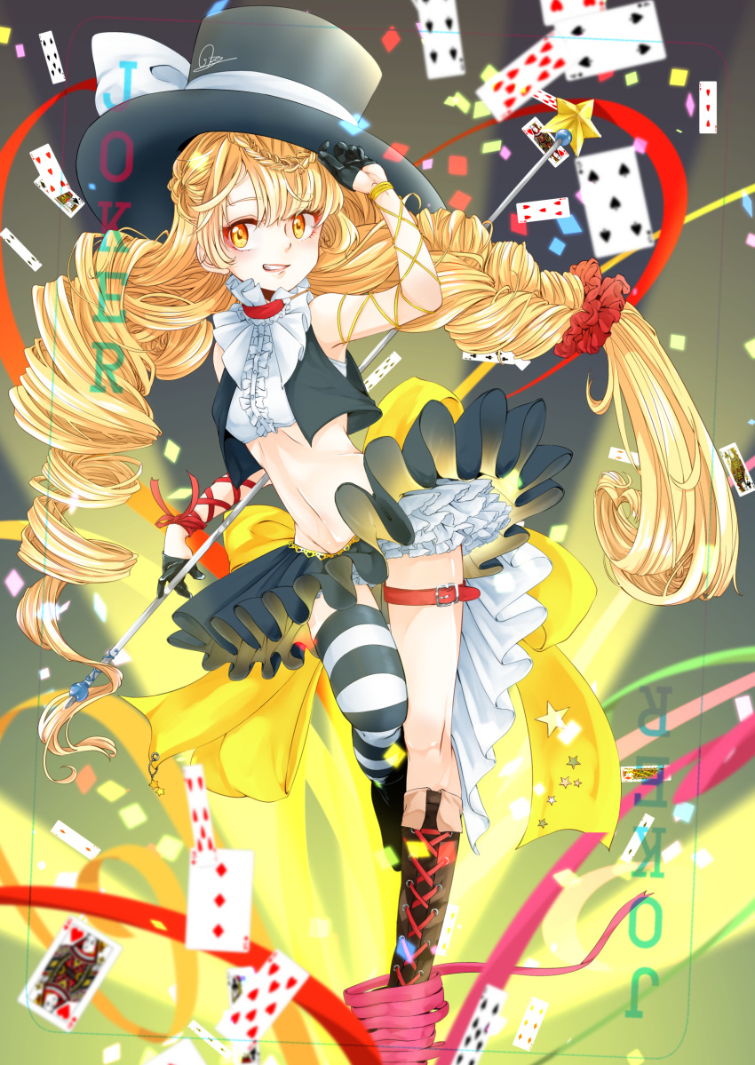 absurdres alternate_costume arm_ribbon black_hat black_vest blonde_hair blurry boots bow braid card commentary_request confetti crop_top cross-laced_footwear english grin hat hat_bow highres kirisame_marisa knee_boots long_hair navel partial_commentary ribbon shirt signature single_thighhigh sleeveless sleeveless_shirt smile solo souta_(karasu_no_ouchi) striped striped_legwear thighhighs top_hat touhou very_long_hair vest white_bow white_shirt yellow_bow yellow_eyes