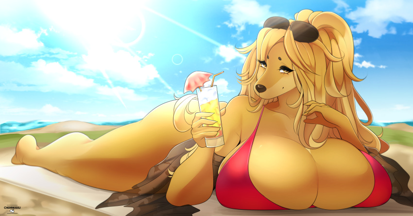 2018 anthro beverage big_breasts breasts canine cherrikissu cleavage clothed clothing cloud dog dogmom eyewear female hair hi_res holding_object huge_breasts looking_at_viewer lying mammal mature_female mother on_front outside parent saluki sky sunglasses thick_thighs voluptuous wide_hips