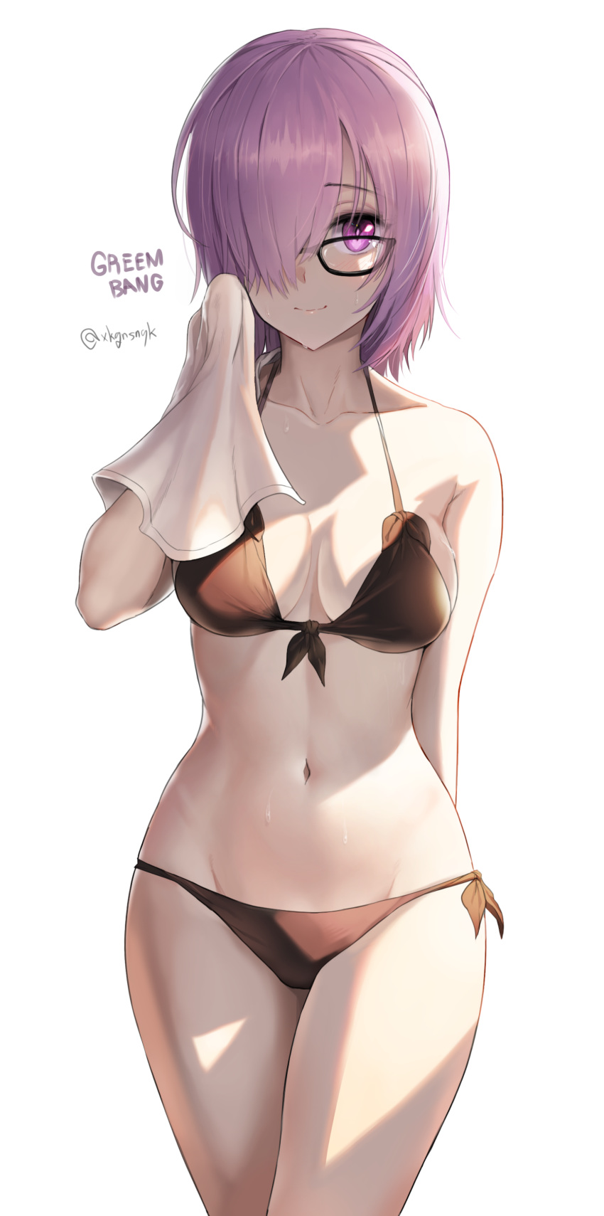 absurdres arms_behind_back artist_name bare_arms bare_shoulders bikini black-framed_eyewear black_bikini blush breasts breasts_apart closed_mouth collarbone commentary eyebrows_visible_through_hair fate/grand_order fate_(series) front-tie_bikini front-tie_top glasses greem_bang groin hair_over_one_eye hand_up highres holding holding_towel looking_at_viewer mash_kyrielight medium_breasts medium_hair navel pink_eyes pink_hair shade side-tie_bikini signature simple_background slit_pupils smile solo standing stomach sunlight sweat swimsuit towel twitter_username white_background wiping_face