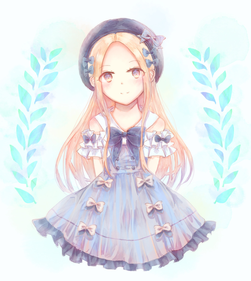 abigail_williams_(fate/grand_order) alternate_costume arms_behind_back bangs black_hat blonde_hair blue_bow blue_dress blush bow brown_eyes closed_mouth commentary_request dress eyebrows_visible_through_hair fate/grand_order fate_(series) forehead hair_bow hat head_tilt highres long_hair looking_at_viewer parted_bangs short_sleeves smile solo tsukima_chiko very_long_hair white_background white_bow