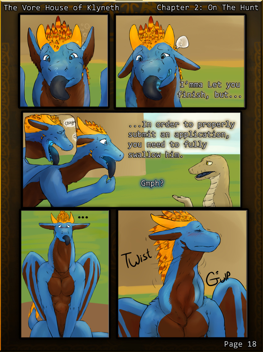 abs audition big_dom_small_sub comic consensual_vore dragon horn jayri_(jayri-veradian-avieock) leera male nolow pecs reptile runa216 scalie size_difference snake the_vore_house_of_klyneth tritus_(laestir) vore willing_vore wings