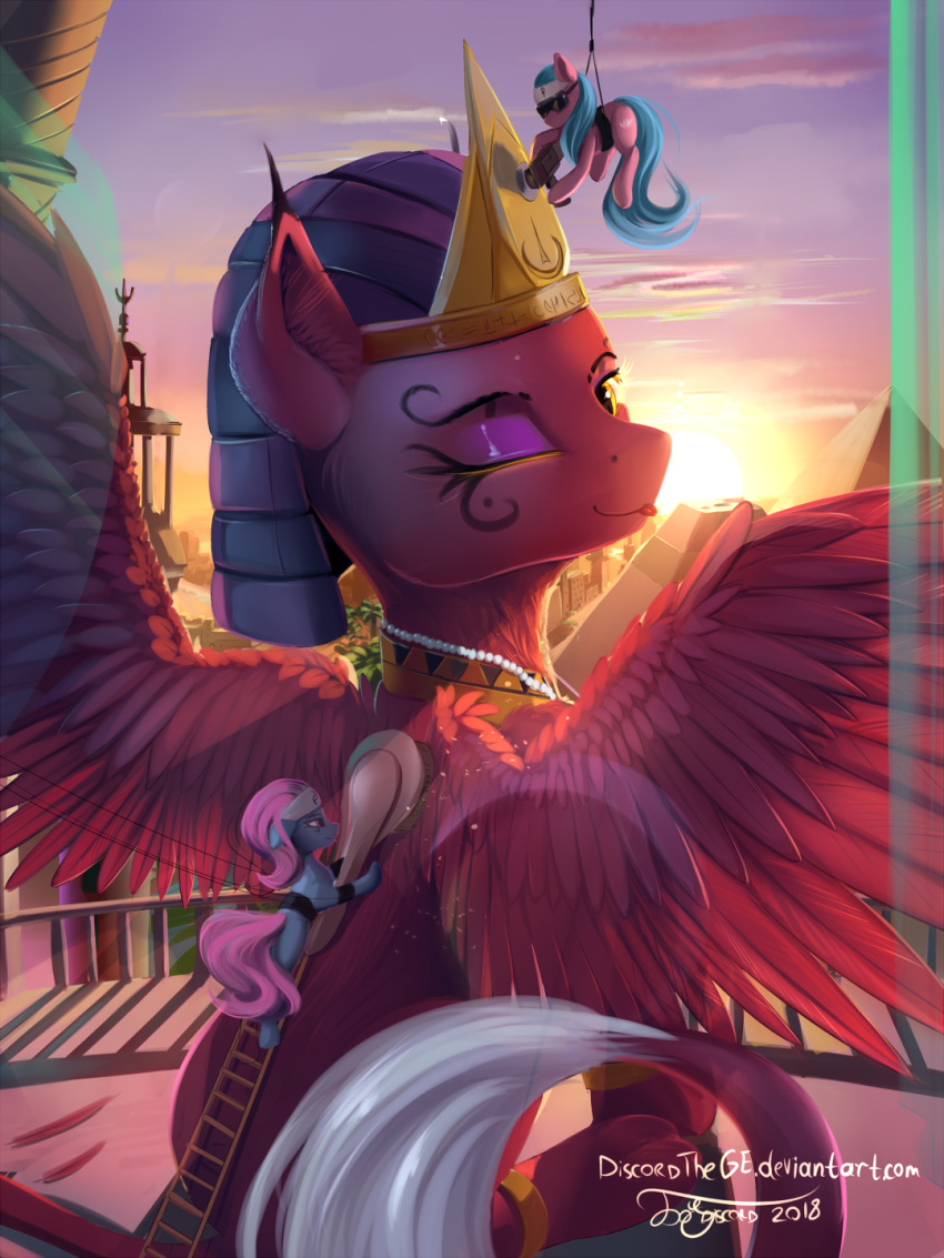 2018 aloe_(mlp) digital_media_(artwork) discordthege earth_pony equine eyelashes feathered_wings feathers female feral friendship_is_magic group hair hi_res horse jewelry ladder lotus_(mlp) mammal my_little_pony necklace one_eye_closed pony pyramid smile sphinx sphinx_(mlp) suspension tongue tongue_out wings