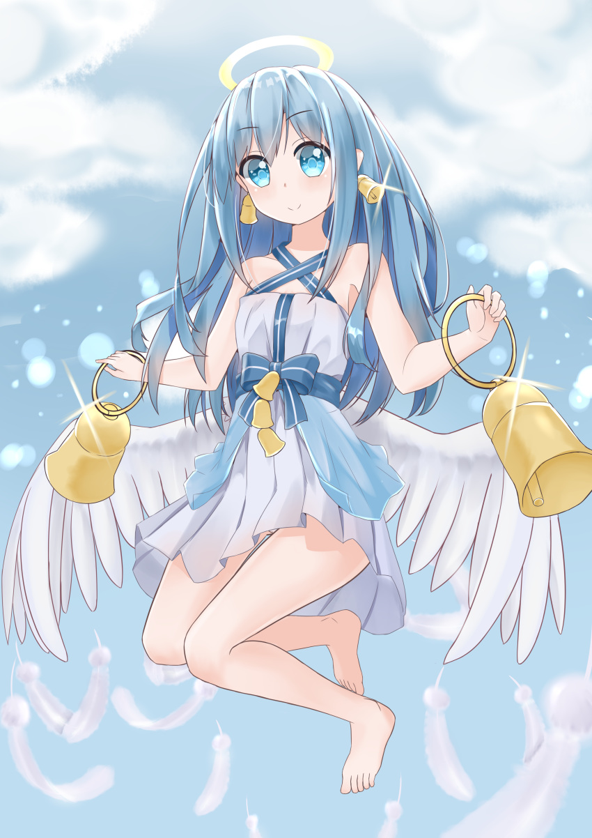 absurdres angel_wings bare_shoulders barefoot bell bell_earrings bellringer_angel blue_eyes blue_hair blue_sky day dress earrings feathers full_body fuyuki030 glint halo halterneck highres jewelry long_hair looking_at_viewer outdoors shadowverse sky smile solo white_dress white_feathers wings