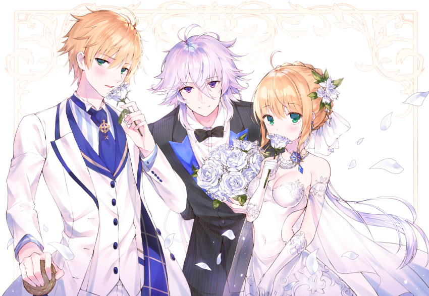 2boys ahoge arms_behind_back arthur_pendragon_(fate) artoria_pendragon_(all) avalon_celebrate bangs bare_shoulders black_bow black_jacket black_neckwear black_pants black_suit blonde_hair blue_neckwear blush bouquet bow bowtie braid breasts buttons cleavage closed_mouth collarbone collared_shirt commentary covered_navel covering_mouth cross dress dress_shirt earrings elbow_gloves english_commentary excalibur_(fate/prototype) eyebrows_visible_through_hair falling_petals fate/grand_order fate/stay_night fate_(series) fingernails floating_hair flower formal frame french_braid gem gloves gradient_hair green_eyes hair_between_eyes hair_flower hair_ornament hair_ribbon hand_on_hilt highres holding holding_flower jacket jewelry kh_(kh_1128) leaning_forward light_particles long_hair long_sleeves looking_at_viewer medium_breasts merlin_(fate) multicolored_hair multiple_boys necklace necktie open_clothes open_jacket pants parted_lips pearl_necklace petals pink_hair pinstripe_suit purple_eyes ribbon rose rose_petals saber see-through shiny shiny_hair shirt short_hair sidelocks smelling_flower smile standing strapless strapless_dress striped striped_shirt suit tie_clip unbuttoned vertical-striped_shirt vertical_stripes very_long_hair waistcoat white_background white_dress white_flower white_gloves white_hair white_jacket white_pants white_ribbon white_rose white_rose_(fate/grand_order) white_suit wing_collar