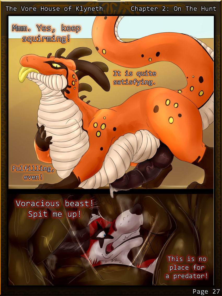 abdominal_bulge audition canine comic dragon fox fur horn inside_stomach knot krevaan_(cometfox) long_tail male mammal neck_bulge nolow oral_vore penis precum runa216 scalie spike_(shade1) text the_vore_house_of_klyneth tongue tongue_out vore