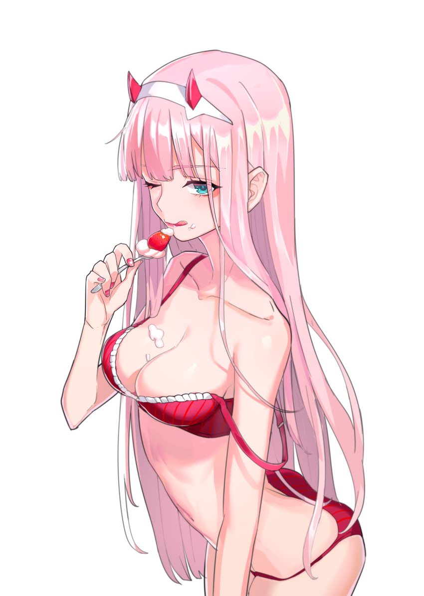 absurdres bangs bare_shoulders bikini blunt_bangs bra breasts bunuojiang cleavage collarbone cream cream_on_face darling_in_the_franxx food food_on_face fruit highres horns licking_lips long_hair medium_breasts nail_polish navel one_eye_closed panties pink_hair red_bikini red_bra red_panties solo spoon strap_slip strawberry swimsuit tongue tongue_out underwear zero_two_(darling_in_the_franxx)