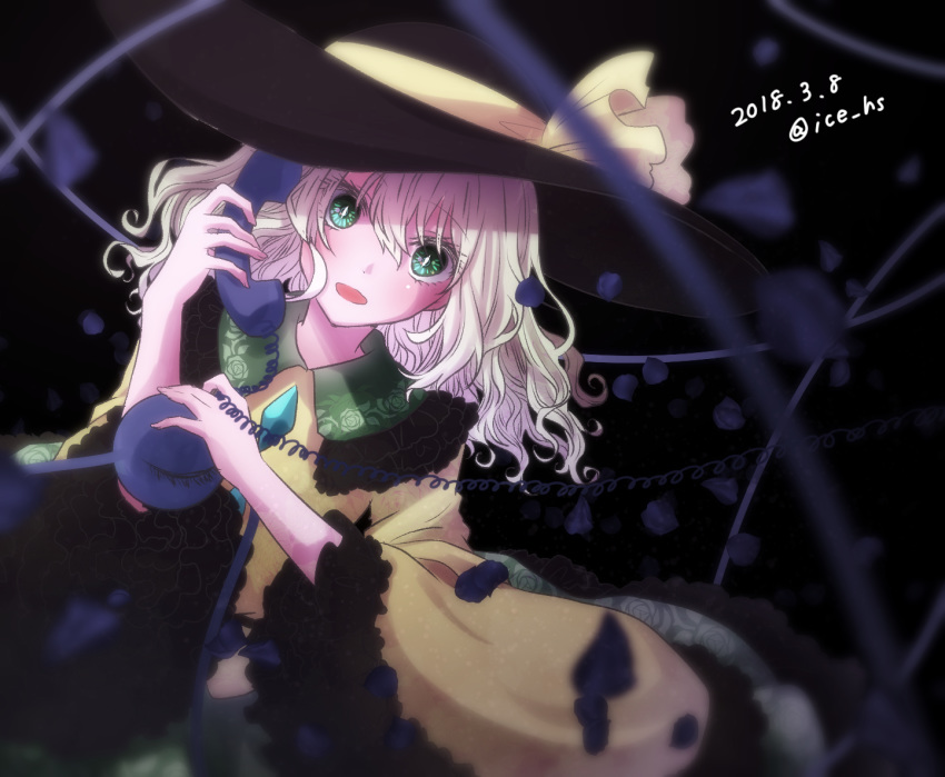 black_hat blouse blurry bow commentary_request corded_phone dated dutch_angle floral_print frilled_shirt_collar frilled_skirt frilled_sleeves frills green_eyes hat holding holding_phone ice_(aitsugai) komeiji_koishi long_sleeves looking_at_viewer open_mouth petals phone skirt solo third_eye touhou twitter_username upper_body white_hair wide_sleeves yellow_blouse yellow_bow