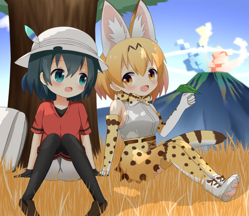 :d animal_ears aqua_eyes backpack backpack_removed bag bangs bare_shoulders black_hair black_legwear blonde_hair blue_sky blush boots bow bowtie brown_eyes brown_footwear cloud commentary day elbow_gloves eyebrows_visible_through_hair gloves grass grey_shorts hair_between_eyes hat_feather helmet high-waist_skirt highres holding kaban_(kemono_friends) kemono_friends loafers multiple_girls open_mouth outdoors pantyhose paper_airplane pith_helmet print_gloves print_legwear print_neckwear print_skirt red_shirt sandstar serval_(kemono_friends) serval_ears serval_print serval_tail shin01571 shirt shoes short_shorts short_sleeves shorts sitting skirt sky sleeveless sleeveless_shirt smile striped_tail tail thighhighs tree white_footwear white_shirt