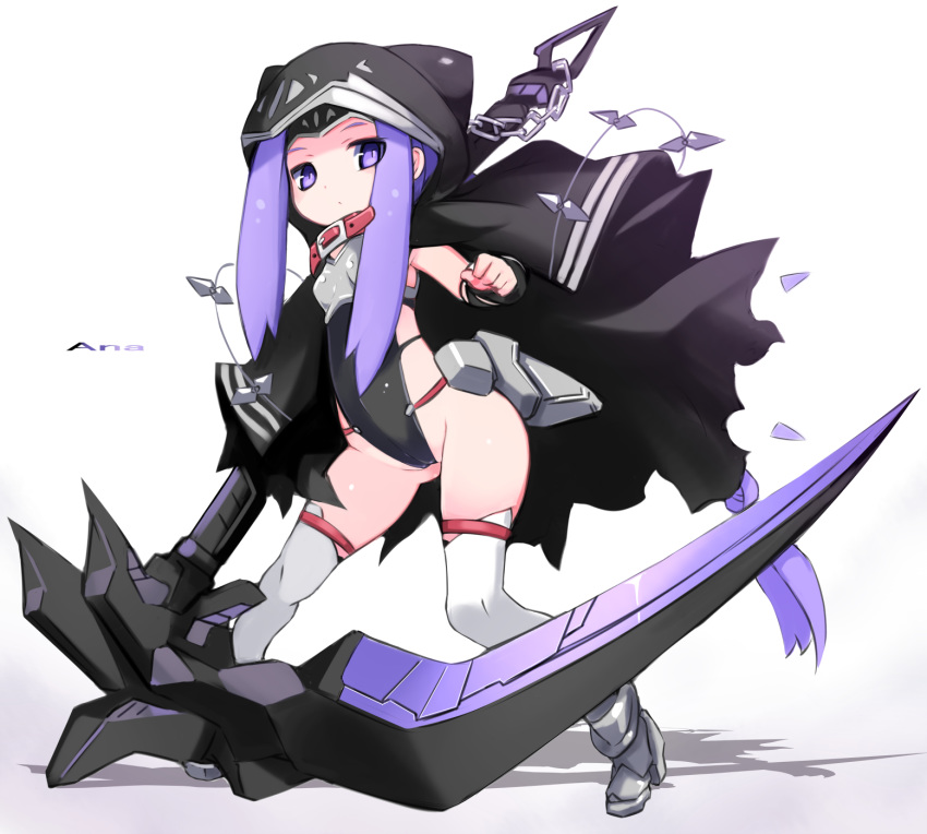 ass_visible_through_thighs black_cape black_leotard boots braid cameltoe cape clenched_hand collar detached_sleeves fate/grand_order fate_(series) groin highres hood karukan_(monjya) leotard long_hair medusa_(lancer)_(fate) ponytail purple_eyes purple_hair rider scythe simple_background solo thighhighs thighs very_long_hair weapon white_background white_legwear
