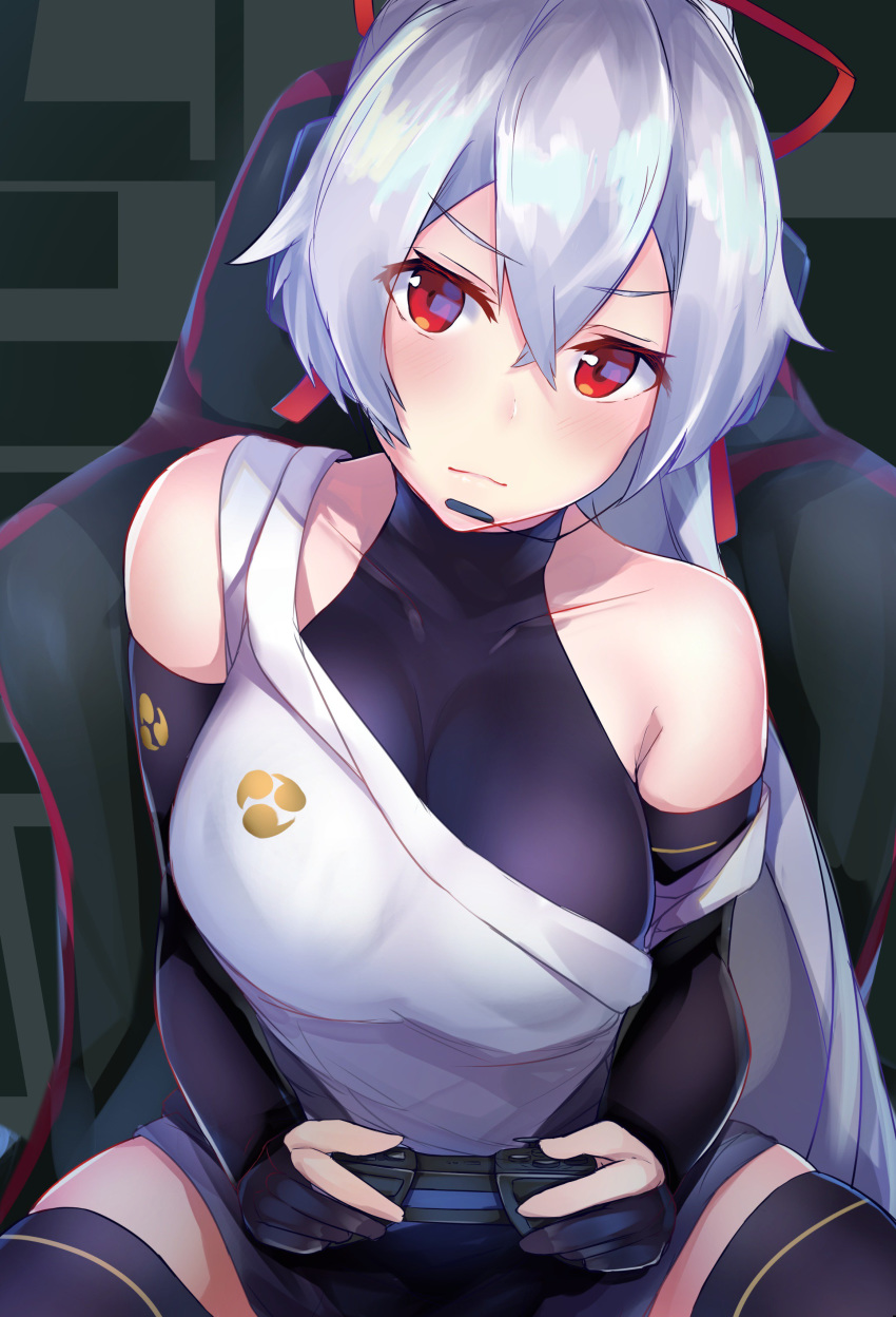 absurdres bare_shoulders breasts chair commentary_request controller fate/grand_order fate_(series) hair_ribbon head_tilt headset highres large_breasts long_hair nanakaku playing_games ponytail red_eyes reflection ribbon silver_hair sitting solo strap_slip tomoe_gozen_(fate/grand_order) very_long_hair