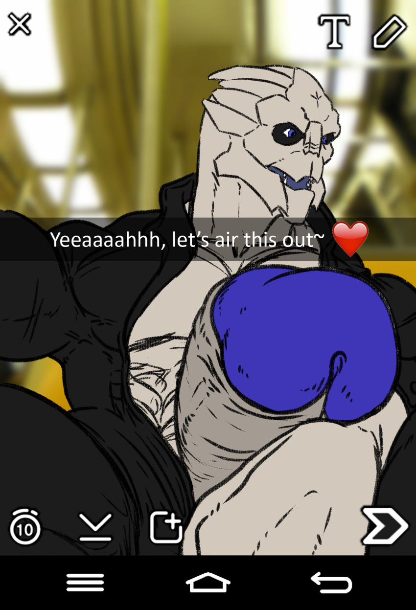 alien clothed clothing english_text garrus_vakarian humanoid_penis hyper hyper_penis male mass_effect mr_canvas muscular muscular_male open_mouth penis penis_towards_viewer retracted_foreskin selfie snapchat text tracksuit turian uncut video_games