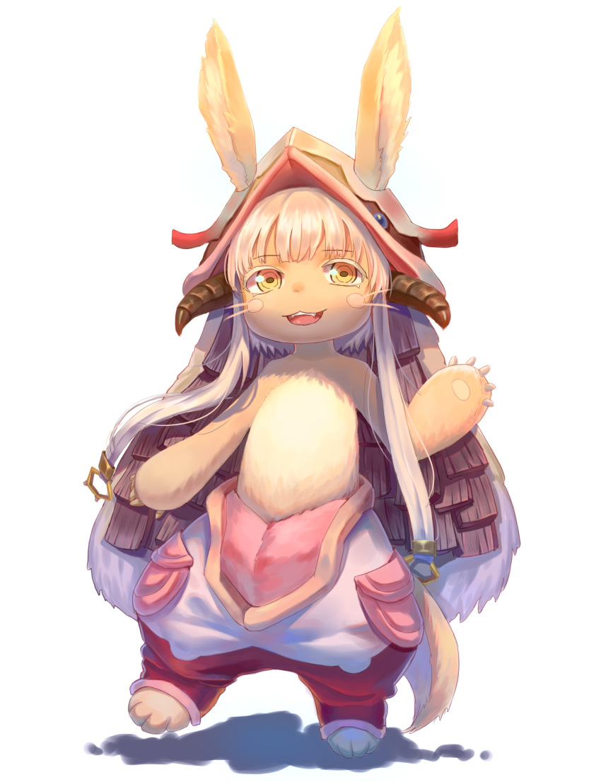 absurdres animal_ears blush bunny_ears eyebrows_visible_through_hair full_body furry highres ke_zi long_hair looking_at_viewer made_in_abyss nanachi_(made_in_abyss) open_mouth simple_background smile solo white_background white_hair yellow_eyes