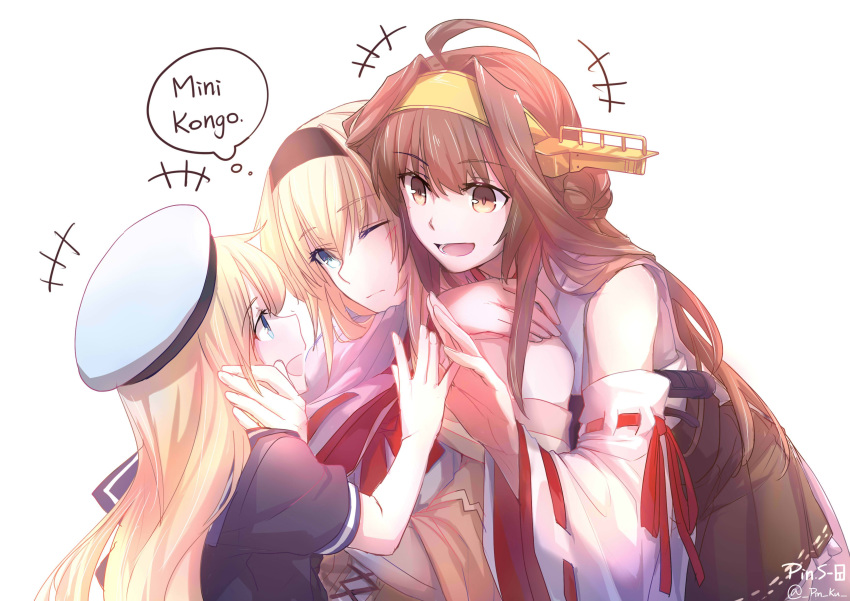 :d absurdres ahoge bare_shoulders blonde_hair blue_eyes blue_sailor_collar brown_eyes brown_hair detached_sleeves double_bun dress girl_sandwich gloves hair_between_eyes hairband hat headgear highres jervis_(kantai_collection) kantai_collection kongou_(kantai_collection) long_hair long_sleeves multiple_girls nontraditional_miko off-shoulder_dress off_shoulder one_eye_closed open_mouth pin.s profile remodel_(kantai_collection) ribbon-trimmed_sleeves ribbon_trim sailor_collar sailor_dress sailor_hat sandwiched seiyuu_connection signature simple_background skirt smile touyama_nao twitter_username warspite_(kantai_collection) white_background white_gloves white_hat