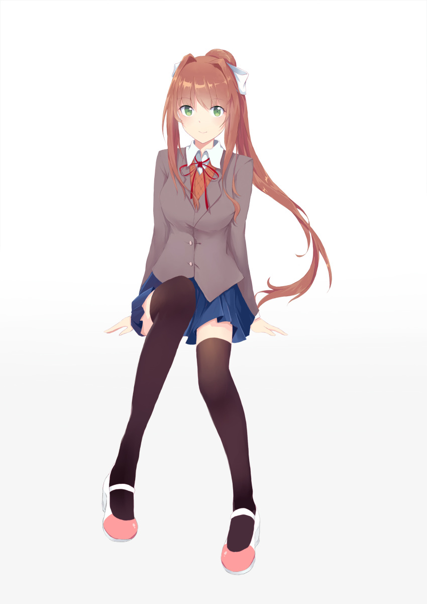 absurdres bangs black_legwear blazer blue_skirt bow breasts brown_hair closed_mouth collared_shirt commentary_request doki_doki_literature_club eyebrows_visible_through_hair full_body green_eyes grey_jacket gumengyao hair_bow hair_intakes high_ponytail highres jacket long_hair long_sleeves looking_at_viewer medium_breasts miniskirt monika_(doki_doki_literature_club) neck_ribbon orange_sweater pleated_skirt ponytail red_neckwear ribbon school_uniform shiny shiny_hair shirt shoes sidelocks simple_background sitting skirt smile solo sweater thighhighs uwabaki very_long_hair white_background white_bow white_footwear white_shirt wing_collar zettai_ryouiki