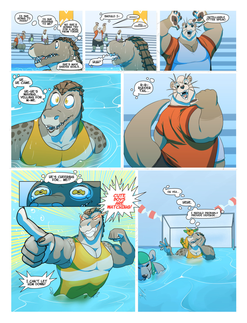 ambiguous_gender chameli clothed clothing comic dialogue english_text female hair inside male mammal mustelid otter ritts scalie sharp_teeth sport tagme teeth text water water_polo
