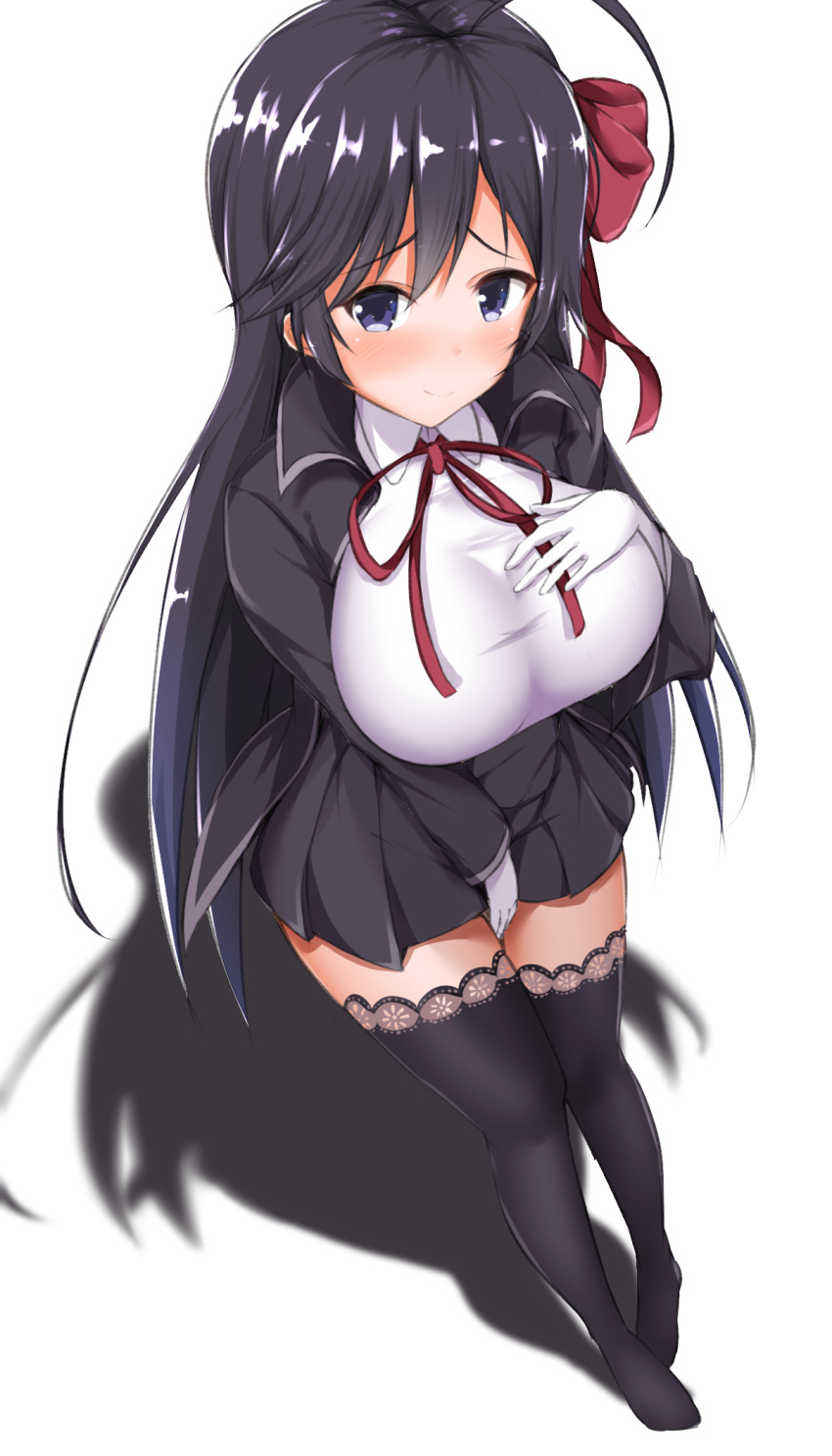 ahoge bb_(fate)_(all) bb_(fate/extra_ccc) bb_(fate/extra_ccc)_(cosplay) black_eyes black_hair black_jacket black_skirt blush breasts closed_mouth commentary_request cosplay covering covering_crotch dress_shirt fate/extra fate/extra_ccc fate_(series) full_body girls_und_panzer gloves hand_on_own_chest highres huge_breasts impossible_clothes isuzu_hana jacket kirikan lace lace-trimmed_thighhighs long_hair looking_at_viewer miniskirt neck_ribbon no_shoes pleated_skirt red_neckwear red_ribbon ribbon shadow shirt skirt smile solo standing thighhighs white_background white_gloves white_shirt wing_collar zettai_ryouiki
