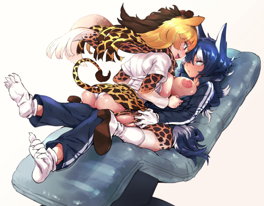 animal_ears ass bad_id bad_pixiv_id bangs blonde_hair blue_hair boots breast_press breasts brown_eyes brown_hair clothes_grab commentary_request eye_contact eyebrows_visible_through_hair giraffe_ears giraffe_horns giraffe_print gloves grabbing green_eyes grey_wolf_(kemono_friends) hair_over_one_eye highres hori_(hori_no_su) jacket kemono_friends kneeling large_breasts long_hair long_sleeves looking_at_another multicolored_hair multiple_girls nipples open_clothes open_jacket open_mouth open_shirt panties pants pantyhose parted_lips print_legwear print_neckwear print_skirt reticulated_giraffe_(kemono_friends) saliva saliva_trail scarf shirt short_sleeves sitting skirt smile tail tearing_clothes tongue tongue_out torn_clothes torn_legwear track_jacket track_pants track_suit two-tone_hair underwear white_gloves white_hair white_panties white_shirt wolf_ears wolf_tail yuri