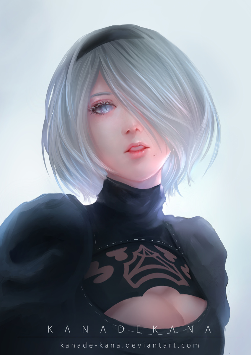 absurdres black_dress black_hairband blue_eyes breasts cleavage cleavage_cutout dress face hairband highres juliet_sleeves kanade_kana long_sleeves looking_at_viewer medium_breasts mole mole_under_mouth nier_(series) nier_automata no_blindfold pink_lips puffy_sleeves silver_hair solo yorha_no._2_type_b