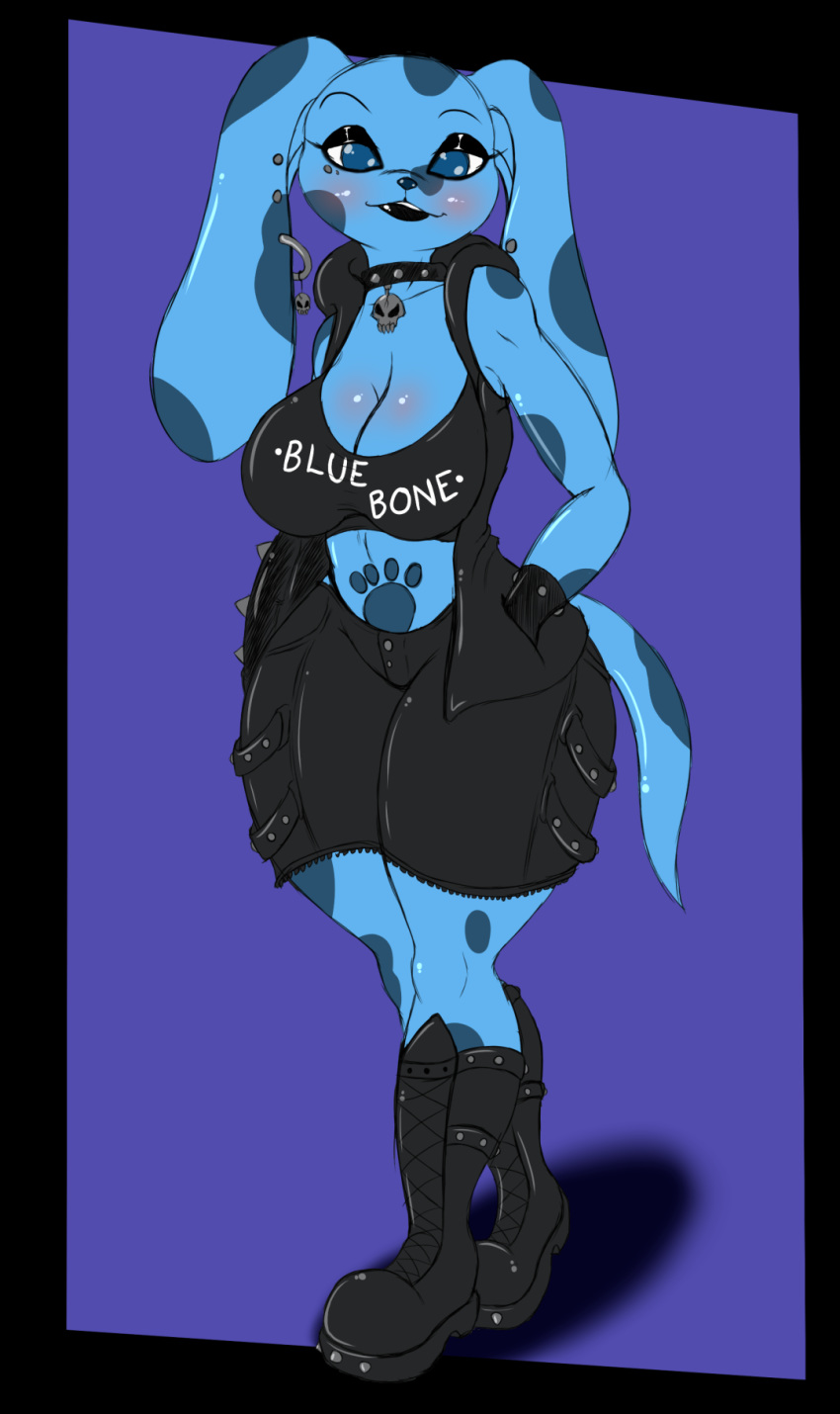 2018 anthro big_breasts blue's_clues blue_(blue's_clues) blue_eyes boots breasts canine cleavage clothed clothing collar dog ear_piercing english_text female footwear goth hand_in_pocket hi_res huge_breasts long_ears looking_at_viewer makeup mammal piercing simple_background solo suirano text