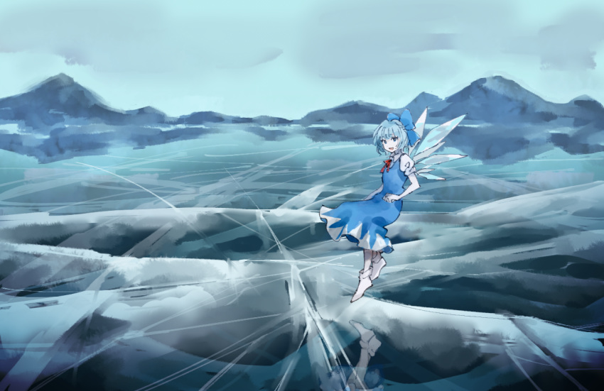 aimai-me bangs blue_bow blue_dress blue_eyes blue_hair bow cirno commentary_request dress flying frozen_lake hair_bow looking_at_viewer mountain open_mouth puffy_short_sleeves puffy_sleeves red_neckwear short_hair short_sleeves skirt sky touhou white_footwear wings