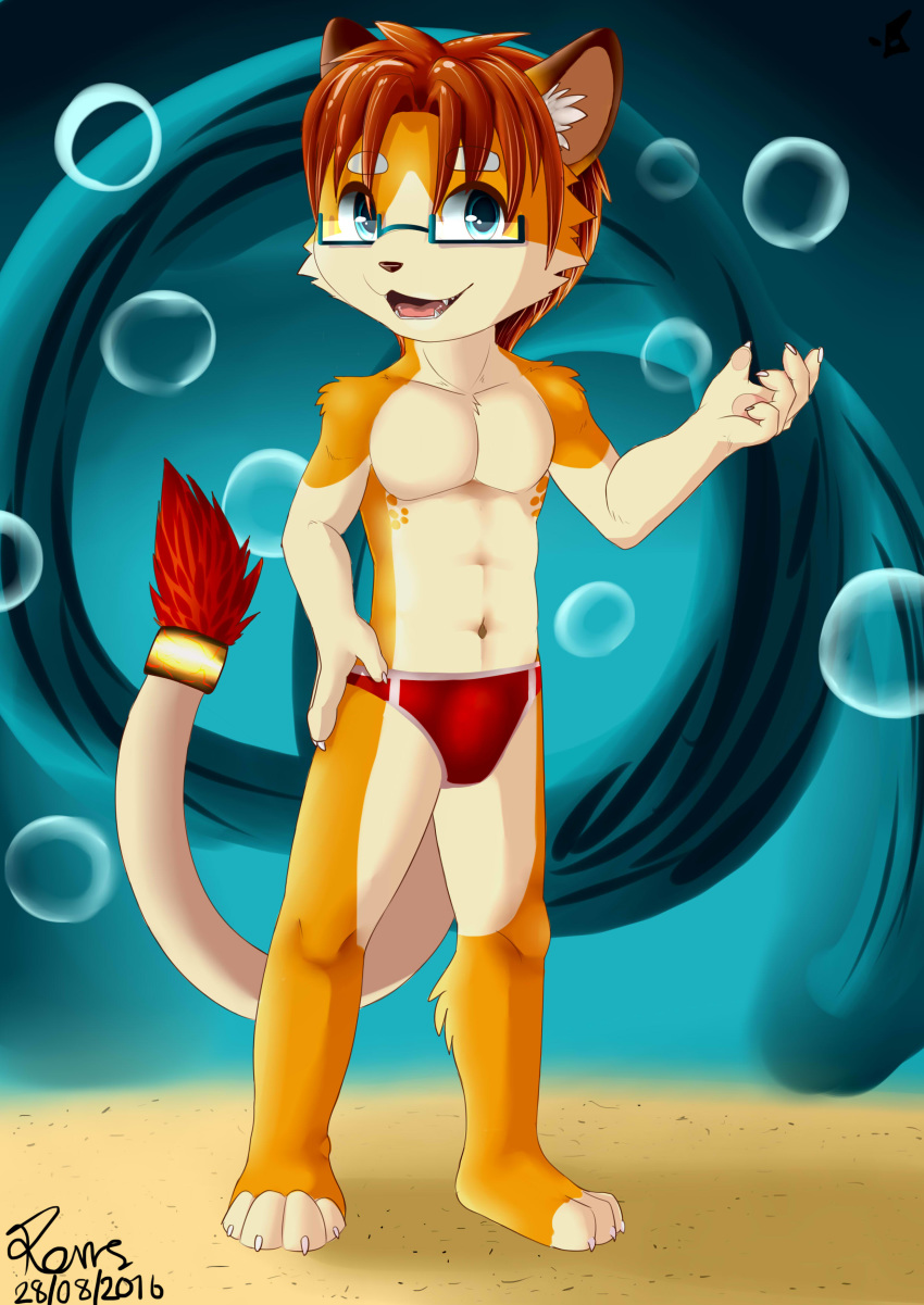 5_fingers blue_eyes briefs brown_fur bubble bulge cat clothed clothing cute_fangs eyewear feline fur glasses hand_on_hip male mammal open_mouth orange_fur sharparadise simple_background solo topless underwear white_fur