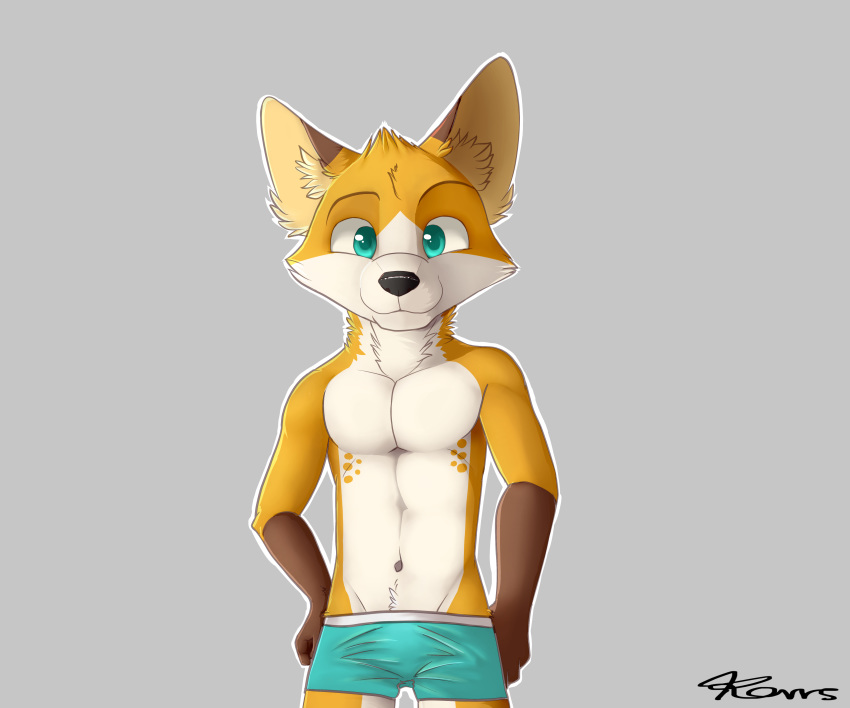 anthro black_nose blue_eyes boxers_(clothing) brown_fur canine clothing cub fox fur male mammal orange_fur sharparadise simple_background solo teenager underwear white_fur young
