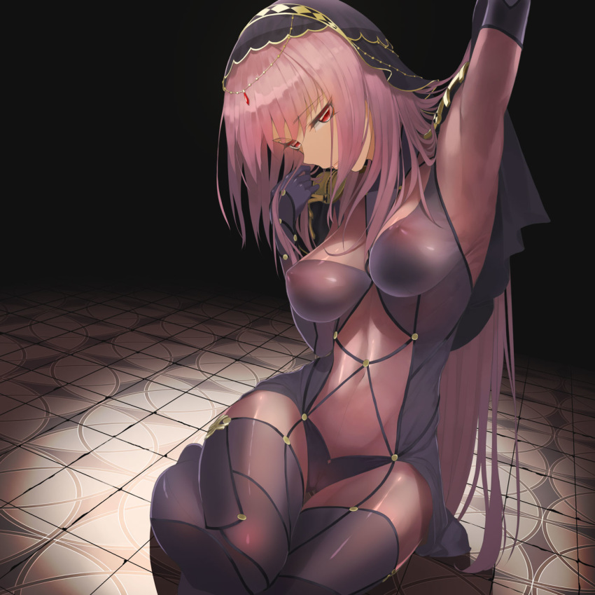 arm_up bangs bodysuit breasts cameltoe closed_mouth covered_navel covered_nipples dutch_angle eyebrows_visible_through_hair fate/grand_order fate_(series) hair_between_eyes hand_up head_tilt highres large_breasts long_hair looking_at_viewer pauldrons purple_hair red_eyes scathach_(fate)_(all) scathach_(fate/grand_order) sitting solo throtem veil very_long_hair yokozuwari