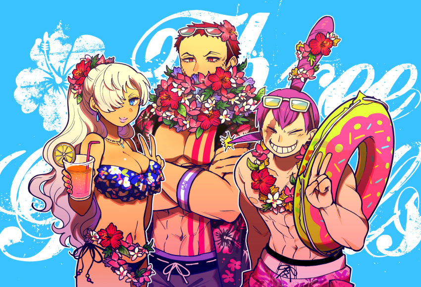2boys abs areolae armband bare_chest bikini blonde_hair blue_eyes breasts brother_and_sister brothers carrying charlotte_cracker charlotte_katakuri charlotte_smoothie chest chest_tattoo cleavage closed_eyes closed_mouth collarbone covered_mouth crossed_arms cup drinking_glass drinking_straw earrings eyewear_on_head flower frilled_bikini frills grin hair_bun hair_flower hair_ornament hair_over_one_eye hand_in_pocket hand_up hands_up hawaiian_shirt highres holding holding_cup innertube jewelry kinakotatu large_breasts leaning_forward lei lips long_hair looking_at_another looking_at_viewer male_swimwear multiple_boys muscle nail_polish navel necklace no_eyebrows one_piece open_clothes open_shirt ponytail purple_hair red_eyes red_hair scar shirt short_hair siblings smile standing stitches stomach stomach_tattoo sunglasses swim_trunks swimsuit swimwear tan tattoo topless upper_body v wide_ponytail