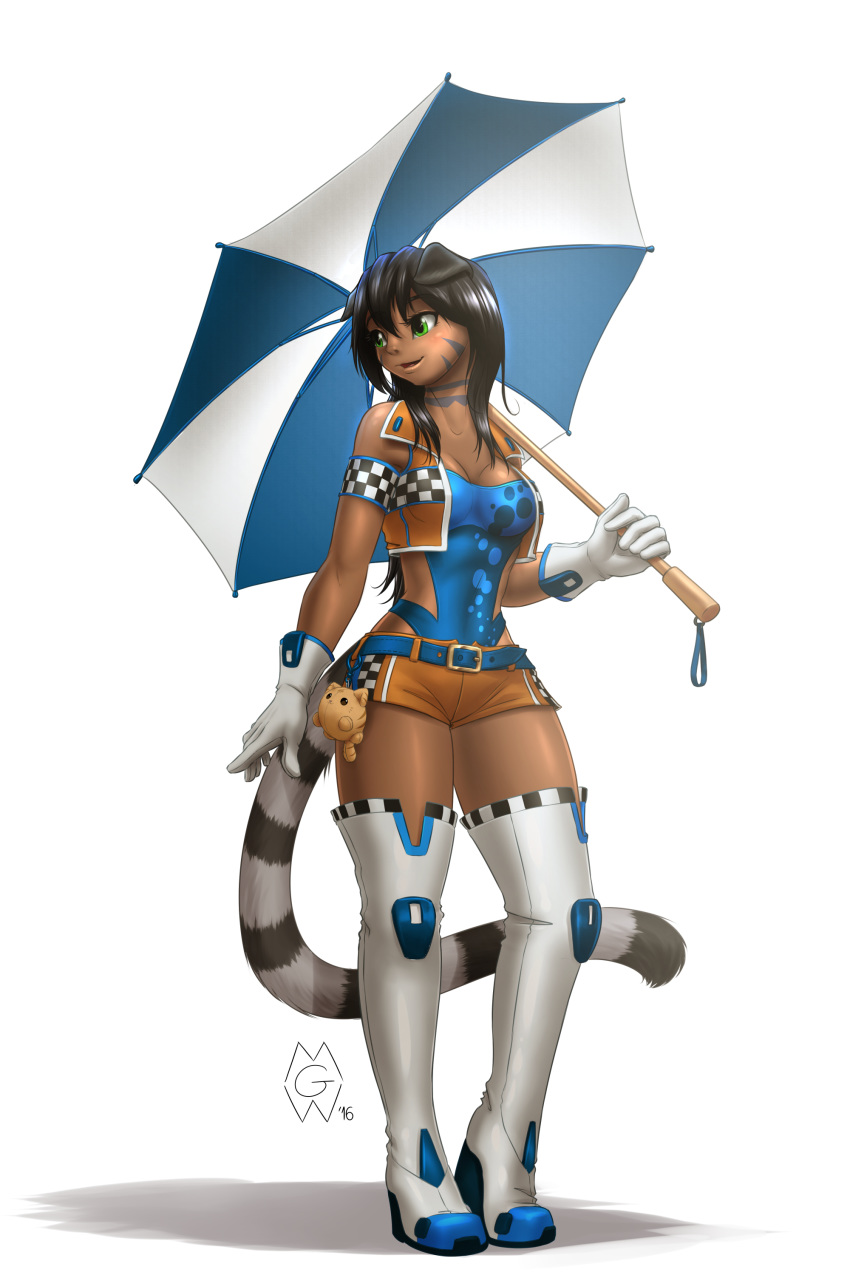 2016 absurd_res alpha_channel animal_humanoid black_hair boots breasts caribbean_blue cat_humanoid cleavage clothed clothing digital_media_(artwork) eyelashes feline female footwear gloves green_eyes hair hi_res holding_object holding_umbrella humanoid kimi mammal mykegreywolf simple_background solo stripes transparent_background umbrella
