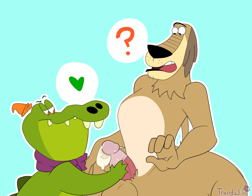 &lt;3 alligator canine cartoon_network clothing condom crocco_the_alligator crocodile crocodilian crossover cum dog dukey johnny_test mammal out_of_jimmy's_head penis reptile scalie simple_background trandafilov